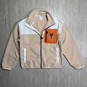 AMI/PUMA:Beige Fleece Zip Jacket with Orange Chest Pocket